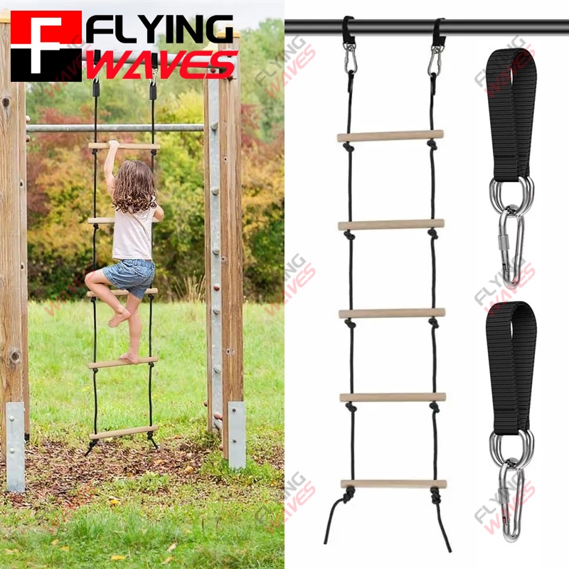 Kids Outdoor Swing - Children Climbing Rope Ladder Wooden Swing